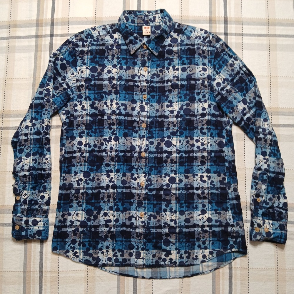 Uniqlo + Disney Men's Bue Cotton Plaid Mickey L/S Flannel Shirt Size L - Picture 2 of 8